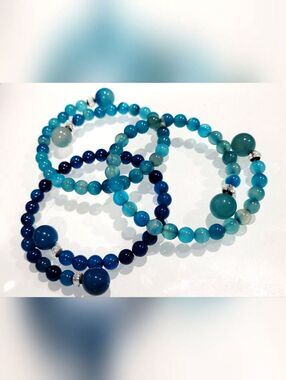 Blue Boho Stone Bead Wire Wrap Bracelets - Set Of 3 Gift Ready NOS
